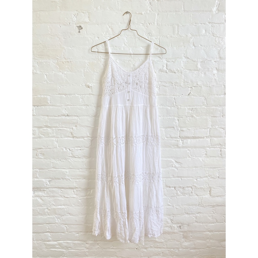 Vintage 90s Boho White Crochet Hippie Festival Dress